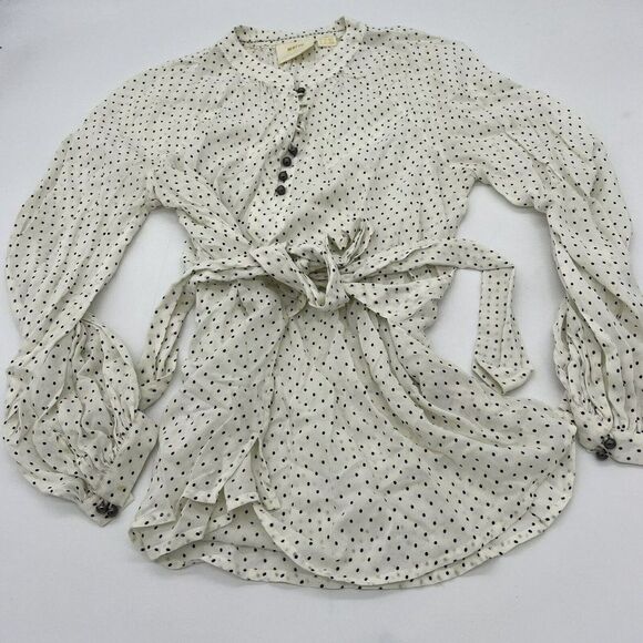 Maeve by Anthropologie Lucy Puff Sleeve White Polka Dot Tie Waist Blouse Size 6 - Picture 1 of 7